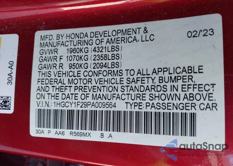 2023 Honda Accord Lx z USA, uszkodzony, nr VIN 1HGCY1F29PA009564